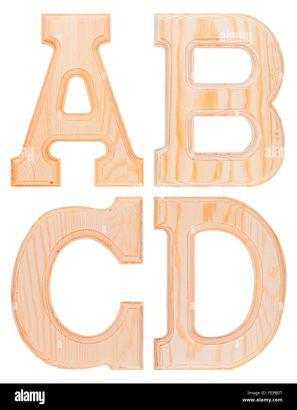 Set aus Holz Buchstaben A, B, C, D des Alphabets isoliert Stockfoto