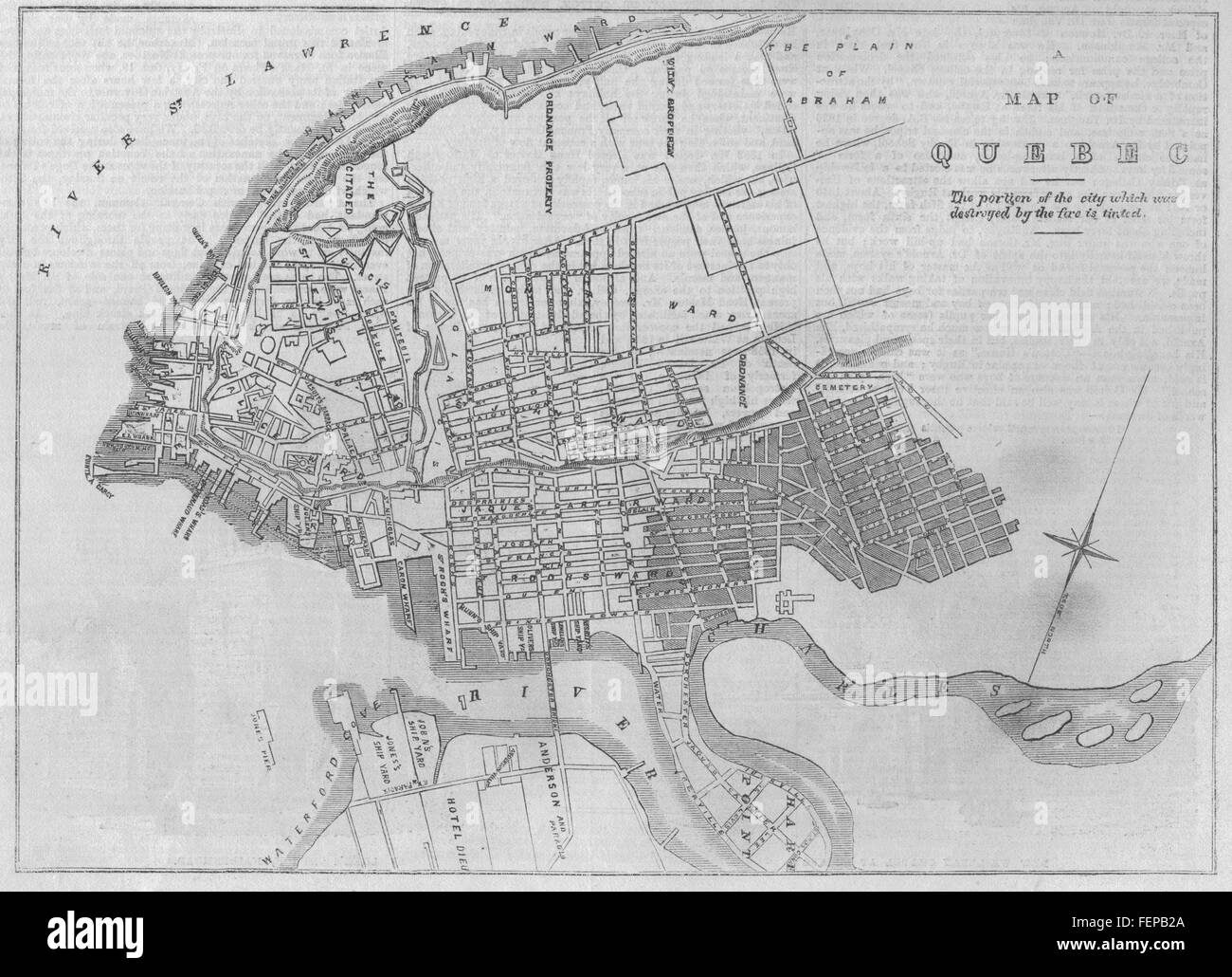 QUEBEC-Karte, die Teil der Stadt zerstörten Feuer 1866. Illustrierte London News Stockfoto