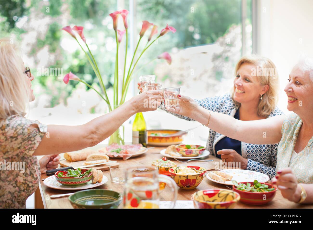 Drei Frauen, einem gemeinsamen Mittagessen zu Hause, so dass einen toast Stockfoto