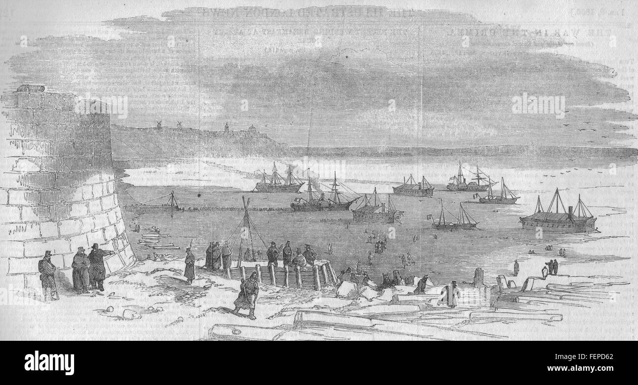 KRIMKRIEG Kinburnska Fort & Otschakow spucken. Expeditionary Flotte 1856. Illustrierte London News Stockfoto