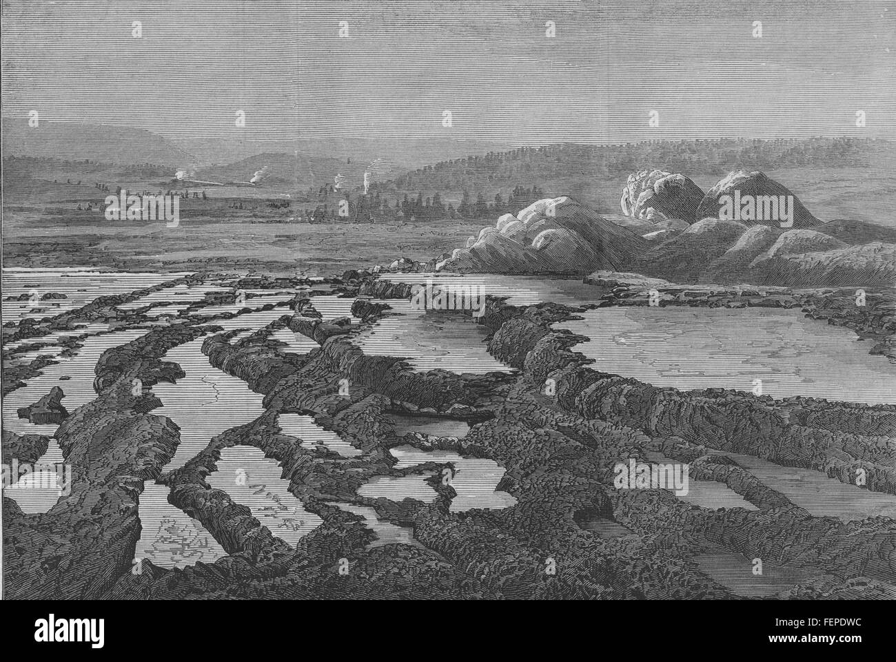 WYOMING Firehole River oberen Feuer-Loch, von Old Faithful 1874. Illustrierte London News Stockfoto