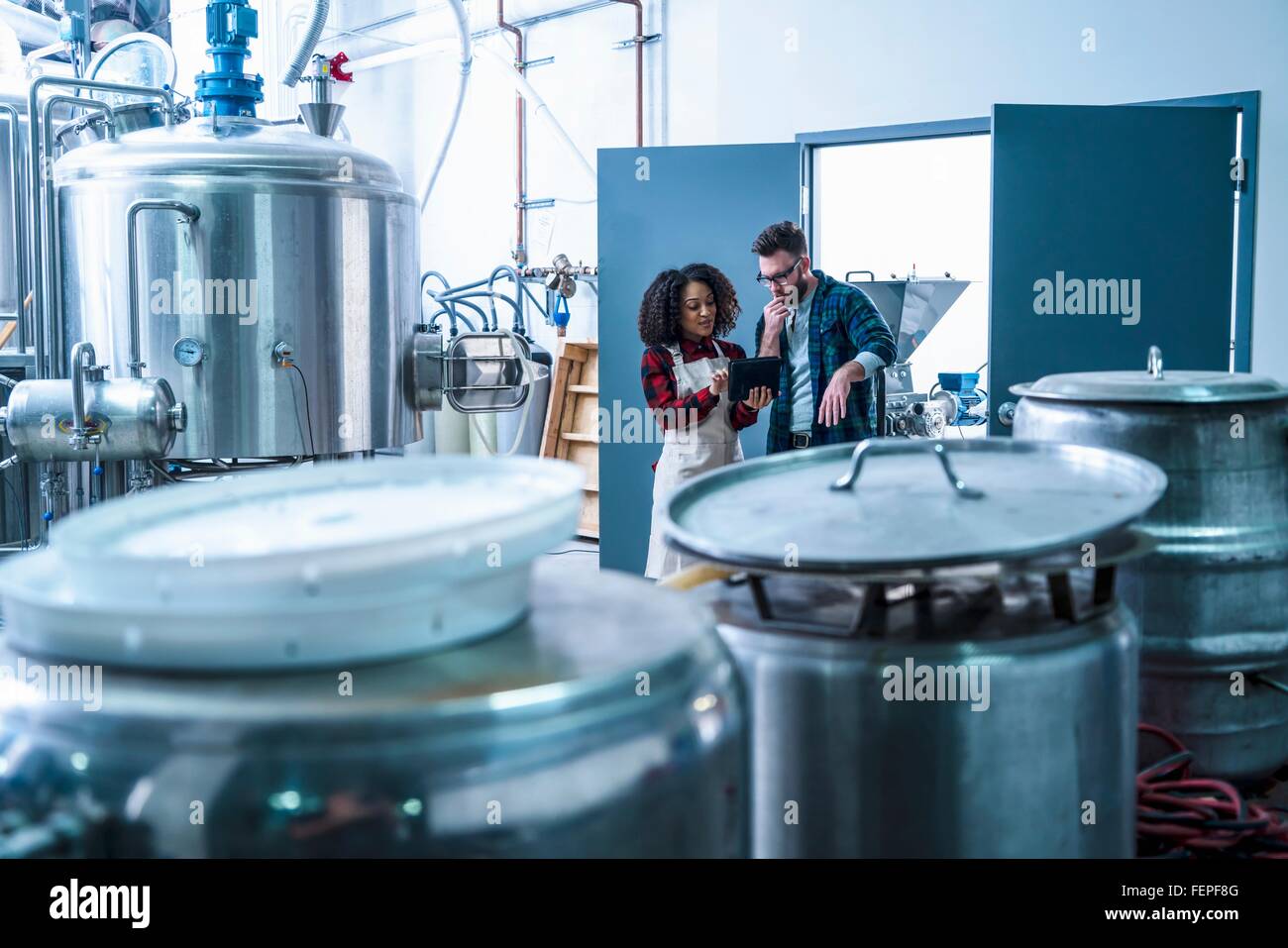 Kollegen in Brauerei Blick auf digital-Tablette Stockfoto