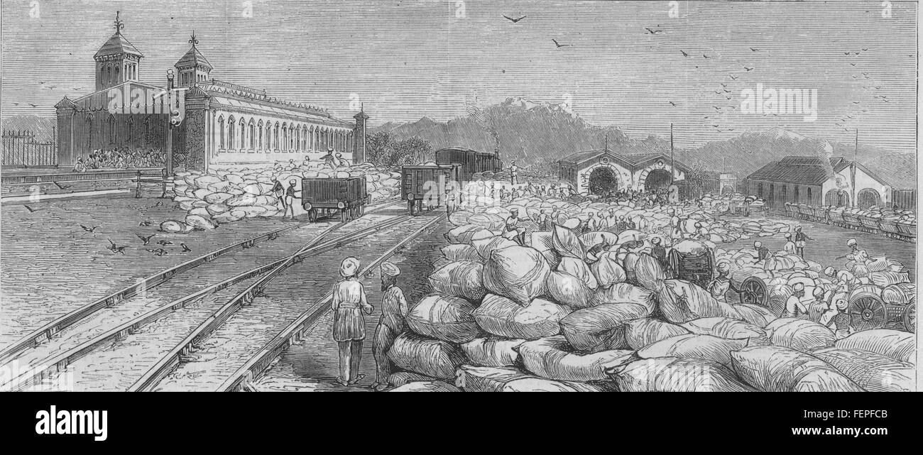 INDISCHEN HUNGERSNOT 1876-78-Korn-Depot am Bahnhof, Bellary 1877. Die Grafik Stockfoto