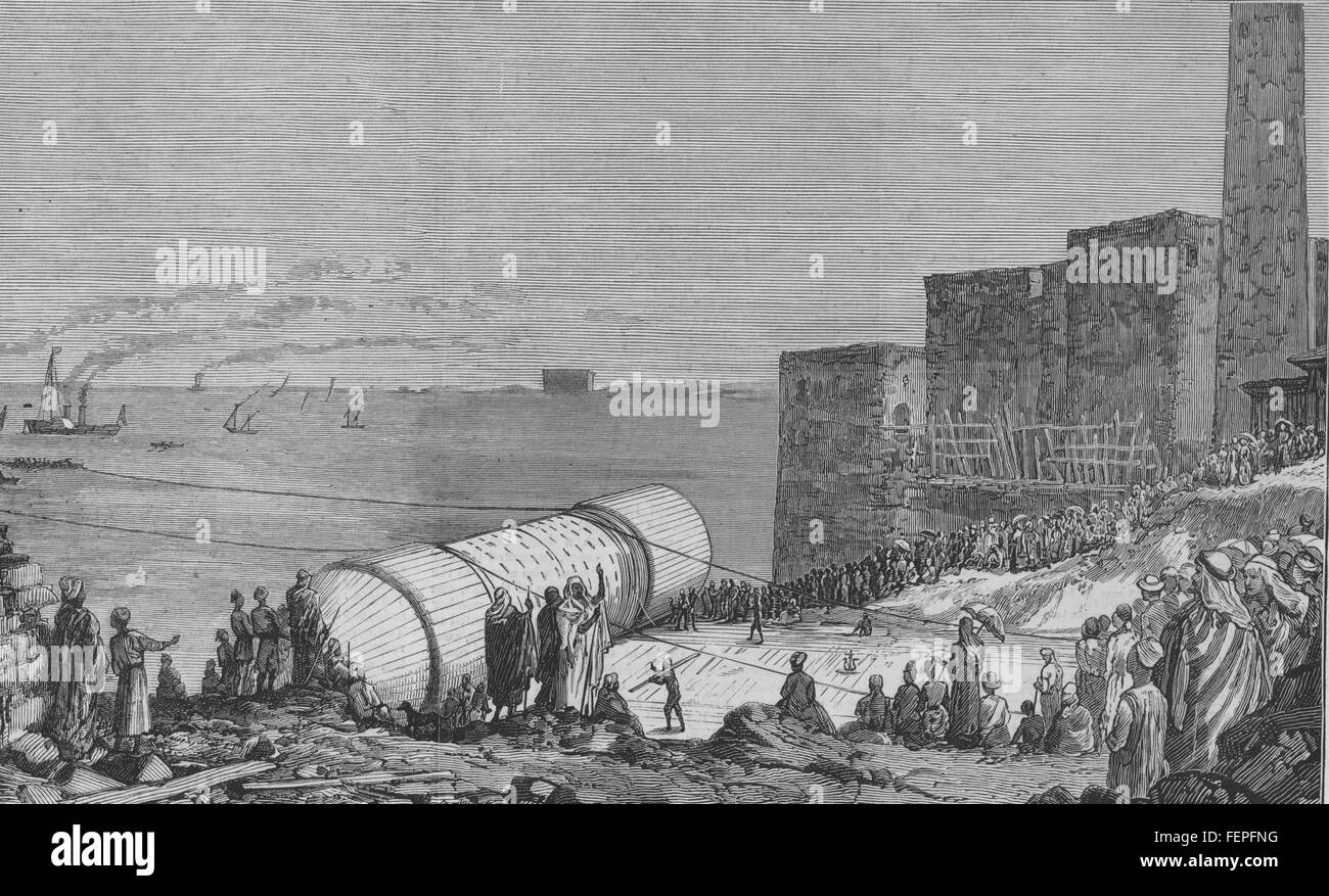 Ägypten Kleopatras Nadel-Start des Obelisken in Alexandria 1877. Die Grafik Stockfoto