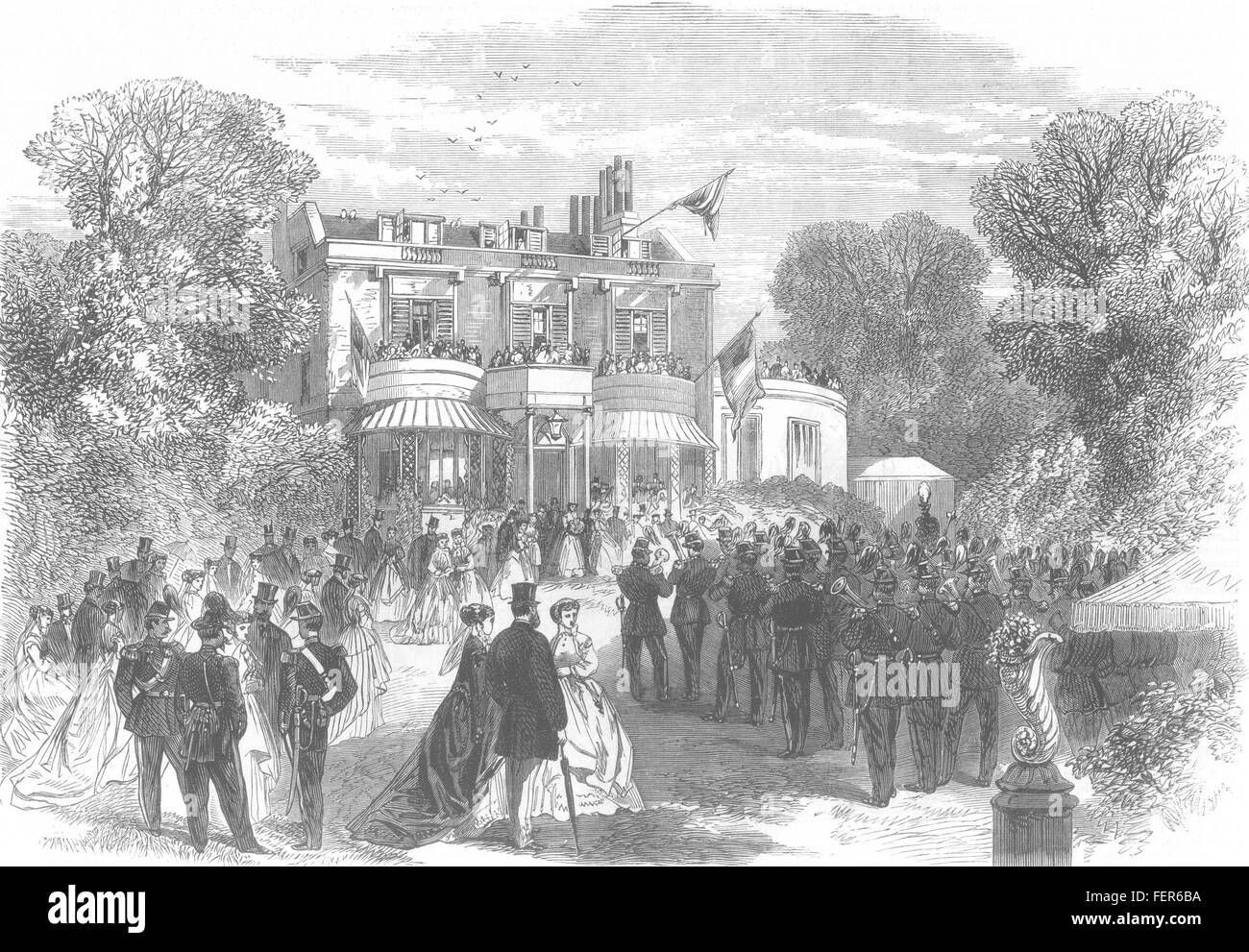 HIGHGATE Empfang der belgischen Freiwilligen von Burdett-Coutts in Holly Lodge 1867. Illustrierte London News Stockfoto