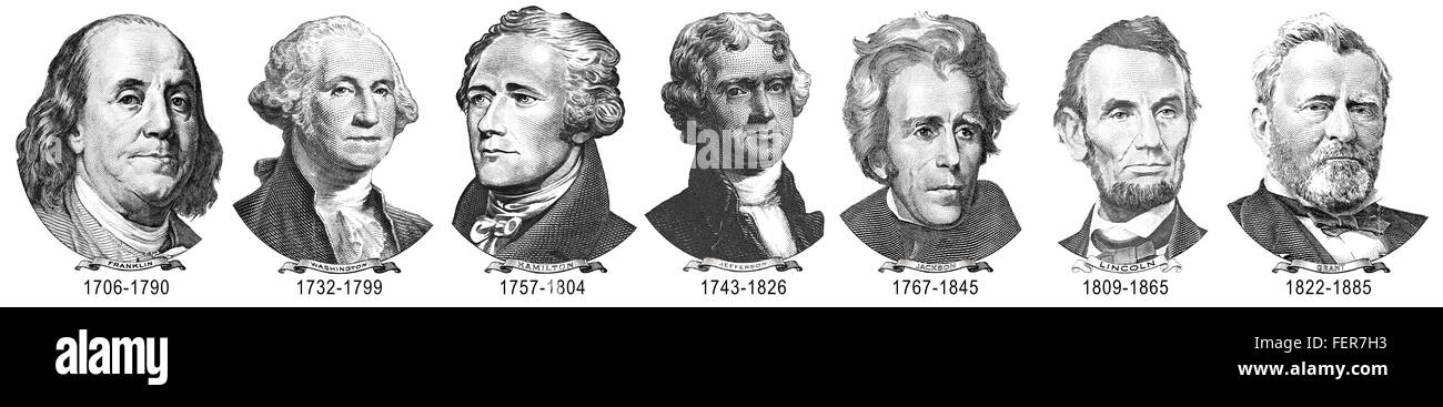 Porträts der Präsidenten und Politiker aus US-Dollar Stockfoto