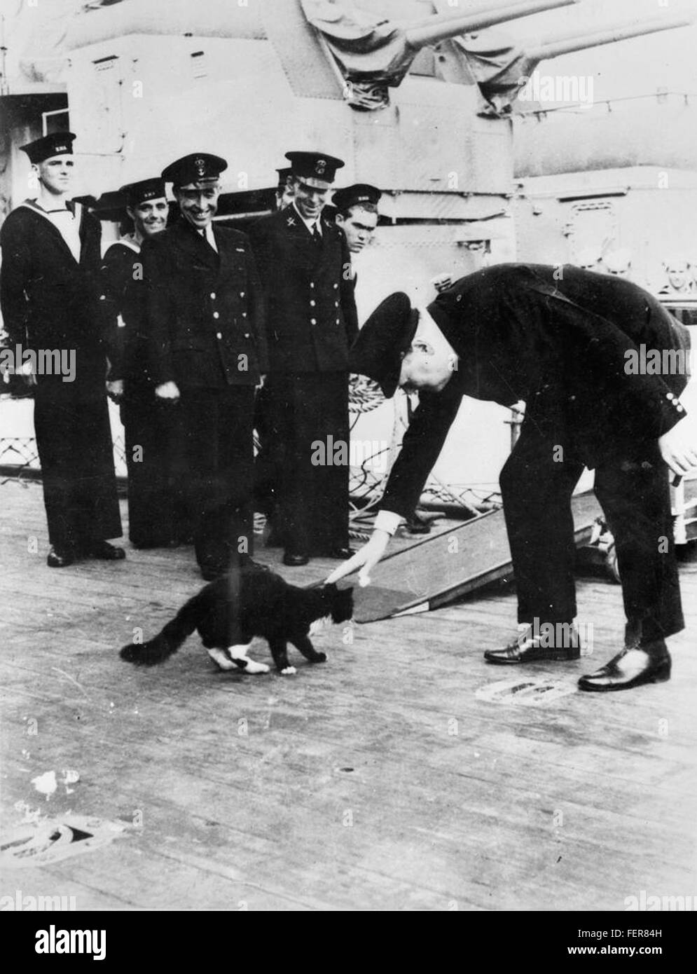 Ein Foto von Winston Churchill, dem Premierminister des Vereinigten Königreichs während des Zweiten Weltkriegs, mit einer Katze sitzend. Dieses Bild spiegelt Churchills Persönlichkeit und seine Liebe zu Tieren während seiner Amtszeit wider. Stockfoto