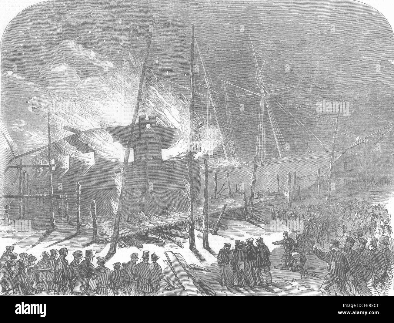 MILLWALL schwimmende Batterie Ätna am Feuer, am Scott Russell und Co funktioniert 1855. Illustrierte London News Stockfoto