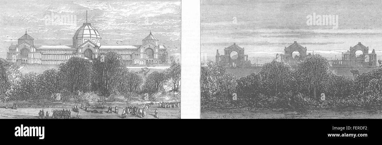 Londoner Alexandra Palace. Vor und nach dem Brand 1873. Illustrierte London News Stockfoto