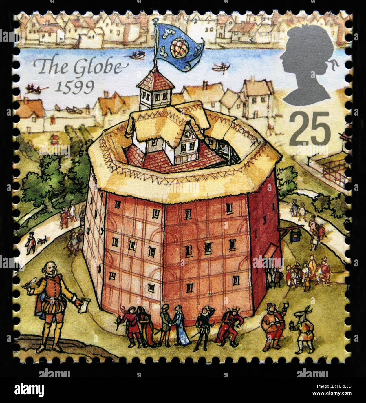 Briefmarke. Great Britain. Königin Elizabeth II. 1995. Rekonstruktion von Shakespeares Globe Theatre. Den Globus 1599. Stockfoto