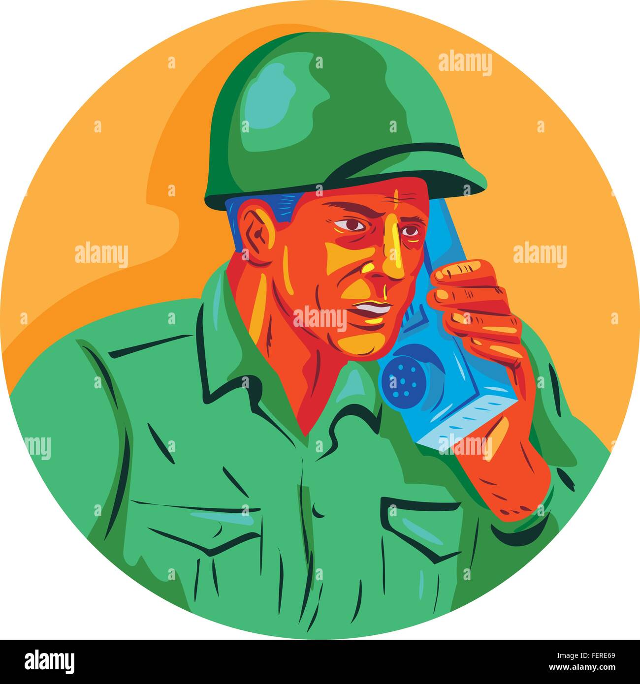 WPA-Stil Illustration ein zweiter Weltkrieg amerikanischer Soldat Soldat am Feld Radio Walkie-talkie von vorderen Satz im inneren Kreis auf isolierte Hintergrund betrachtet sprechen. Stock Vektor