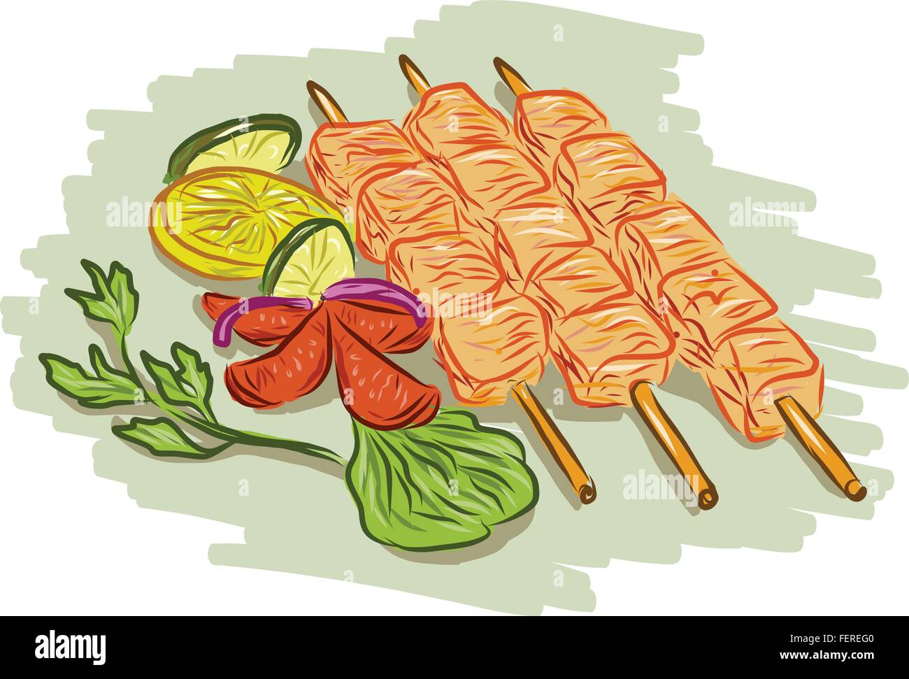 Zeichnung Skizze Stil Illustration der Hähnchen-Kebab-Spieße mit Gemüse, Koriander, Zitrone, Blatt, Gurke auf isolierte weiß Stock Vektor
