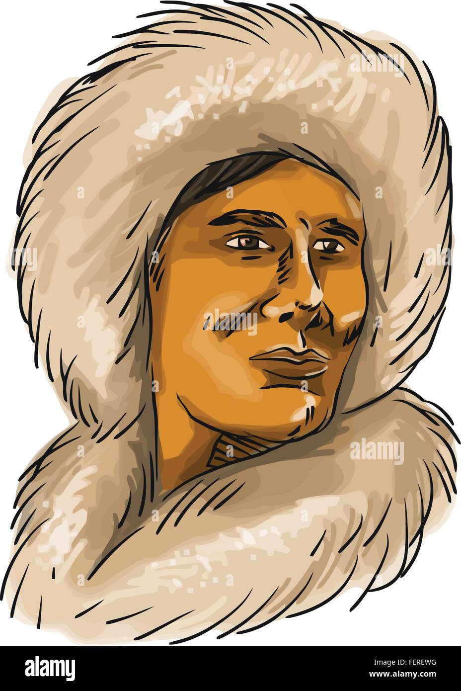 Aquarell-Stil Darstellung einer männlichen Eskimo Inuit-Büste am isolierten weißen Hintergrund mit Kapuze einfach Fell Parka tragen. Stock Vektor