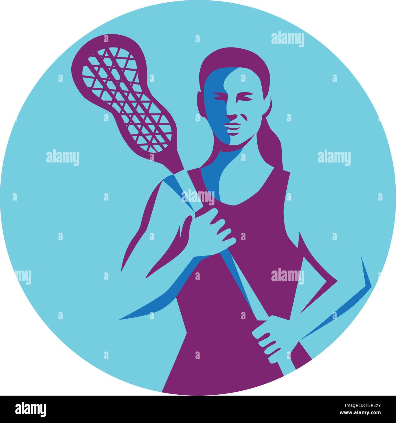 Darstellung eines weiblichen Lacrosse-Spieler hält Lacrosse Stock mit Blick auf die vordere Reihe im inneren Kreis auf isolierte Hintergrund getan im retro-Stil. Stock Vektor