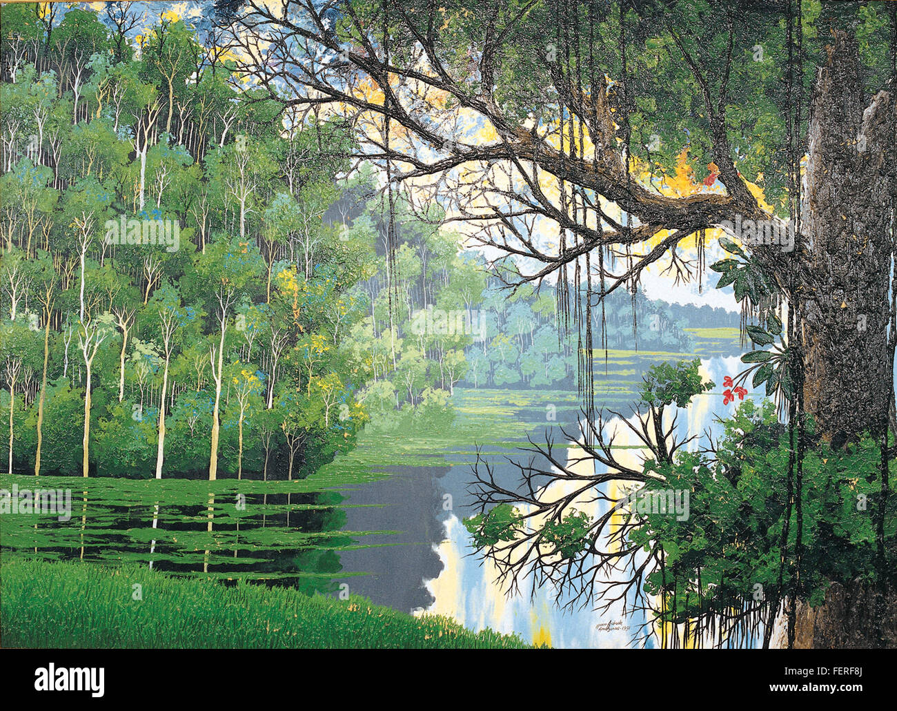 Amazonas ist ein Gemälde von Moacir Andrade, das 1991 auf Acrylglas auf Leinwand entstand. Das 160 cm x 220 cm große Kunstwerk spiegelt die Interpretation der Schönheit und Vitalität des Amazonasgebiets wider. Andrades Verwendung lebendiger Farben und dynamischer Techniken zeigt seine tiefe Verbindung zur brasilianischen Kultur und der natürlichen Umgebung des Amazonas. Stockfoto