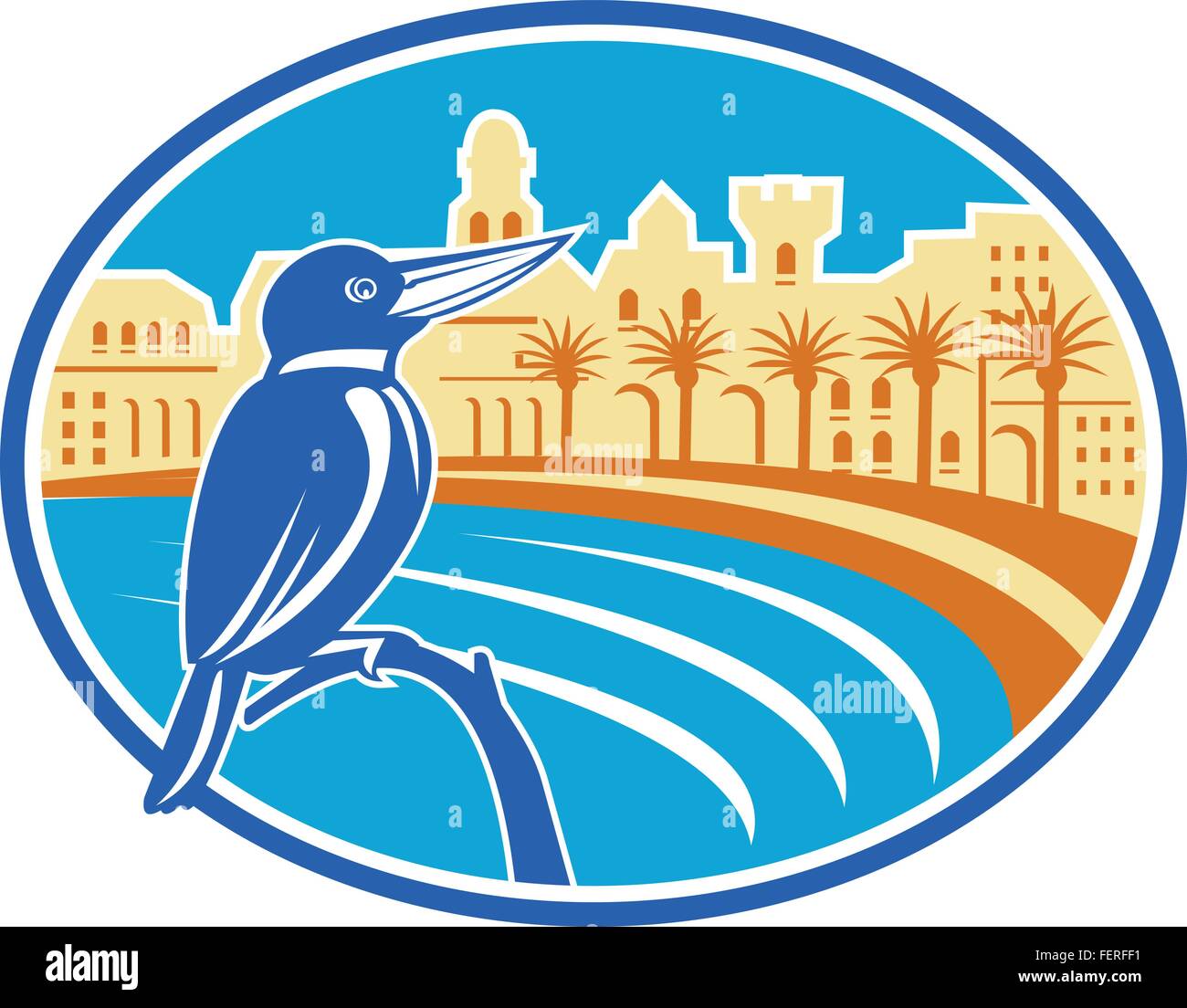 Abbildung eines Vogels Eisvogel thront auf einem Ast in ovaler Form mit Mittelmeerküste, Gebäude und Palmen im Hintergrund getan im retro-Stil festgelegt. Stock Vektor