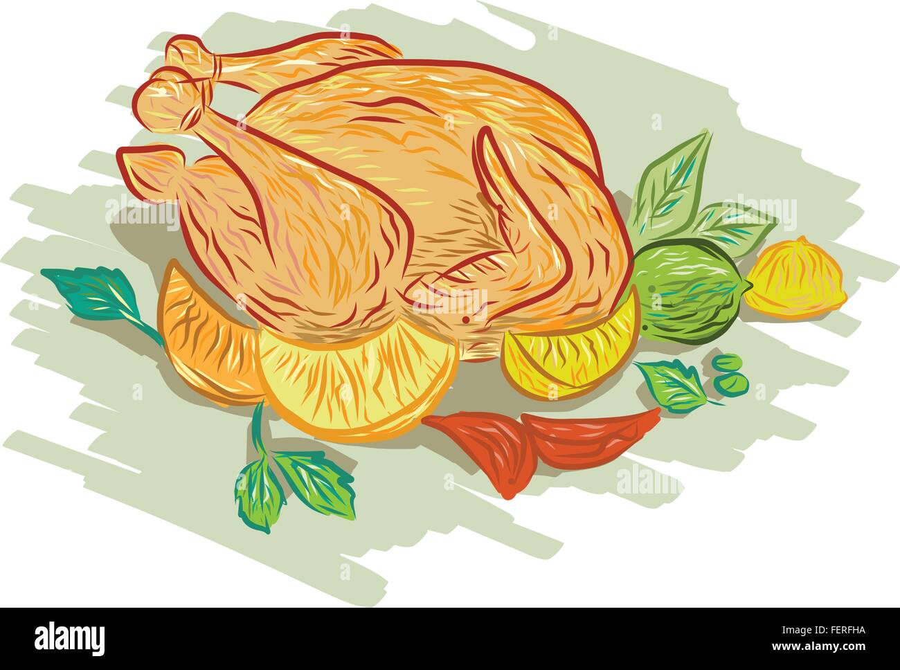 Zeichnung Skizze Stil Außenillustration gebratenes Huhn und Gemüse, Zitrone, Limette, Minze, Zwiebeln auf isolierten weißen Hintergrund gesetzt. Stock Vektor