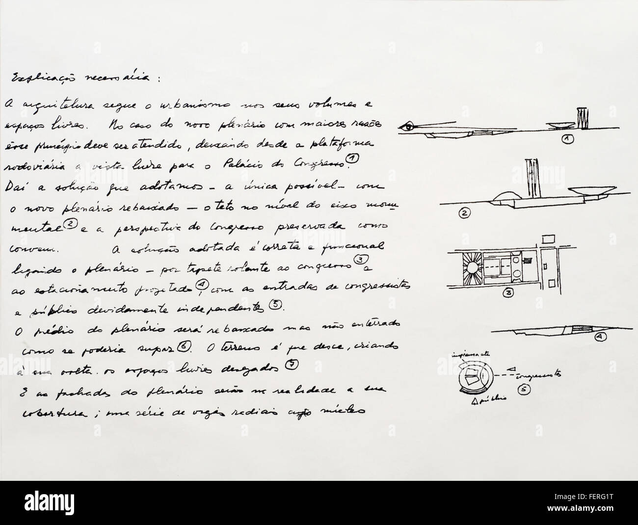 Dieses unbenannte Werk des brasilianischen Architekten Oscar Niemeyer, das in Tinte auf Papier gefertigt wurde, misst 50 x 60 cm. Niemeyers Zeichnungen sind bekannt für seinen modernistischen Ansatz und spiegeln seinen charakteristischen fließenden architektonischen Stil wider, ein Markenzeichen der brasilianischen Moderne. Stockfoto
