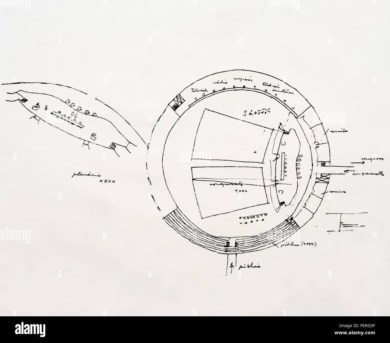 Eine unbenannte Tuschezeichnung von Oscar Niemeyer, die aus Nanquim auf Papier entstand. Das 50 x 60 cm große Stück spiegelt Niemeyers charakteristischen architektonischen Stil wider und betont fließende Linien und organische Formen. Stockfoto