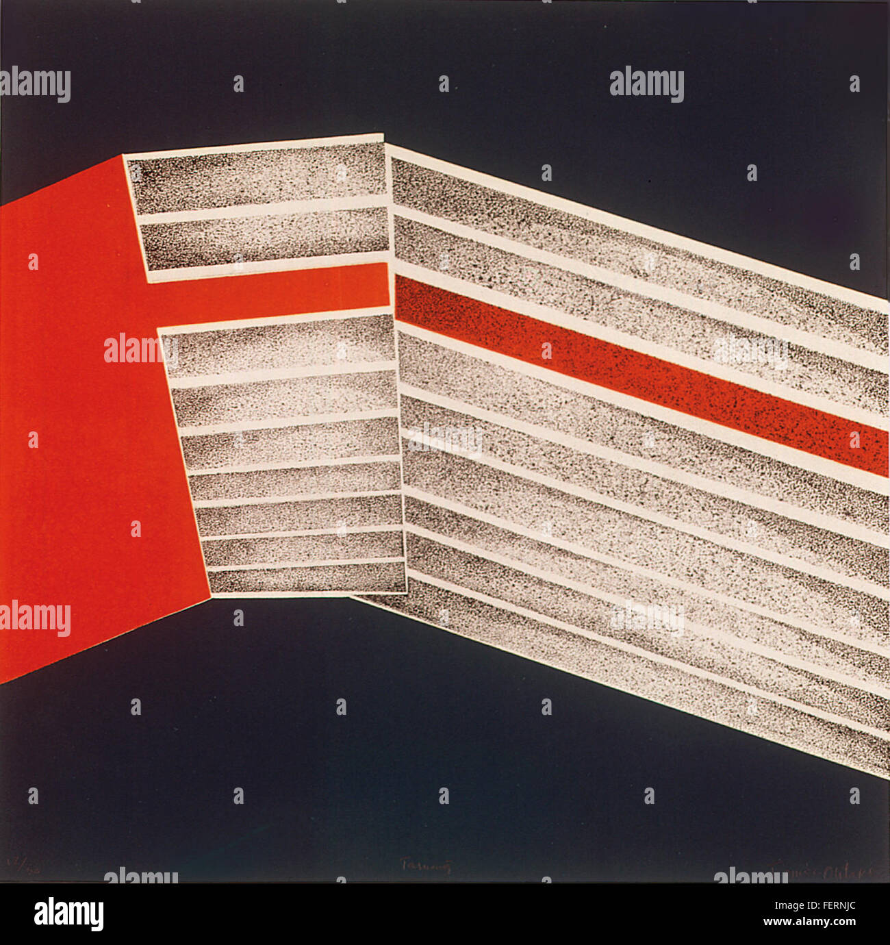 „Tarum“ von Tomie Ohtake ist ein Siebdruck in einer limitierten Auflage von 30 Exemplaren. Das Stück wurde 1969 erstellt und misst 50 x 50 cm. Ohtake, eine brasilianische Künstlerin, ist bekannt für ihre abstrakten Arbeiten, die geometrische Formen mit lebhaften Farben verbinden und ihren einzigartigen Ansatz in der Druckerei repräsentieren. Stockfoto