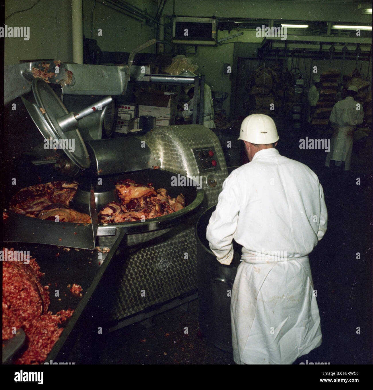 Das Bild aus dem Jahr 1970 zeigt den Prozess des Schneidens von Rindfleischportionen in einer Fleischverarbeitungsanlage. Diese Praxis war ein wesentlicher Bestandteil der Lebensmittelproduktion und des Vertriebs, da sichergestellt wurde, dass Fleisch in vermarktbare Portionen für die Verbraucher aufgeteilt wurde. Stockfoto