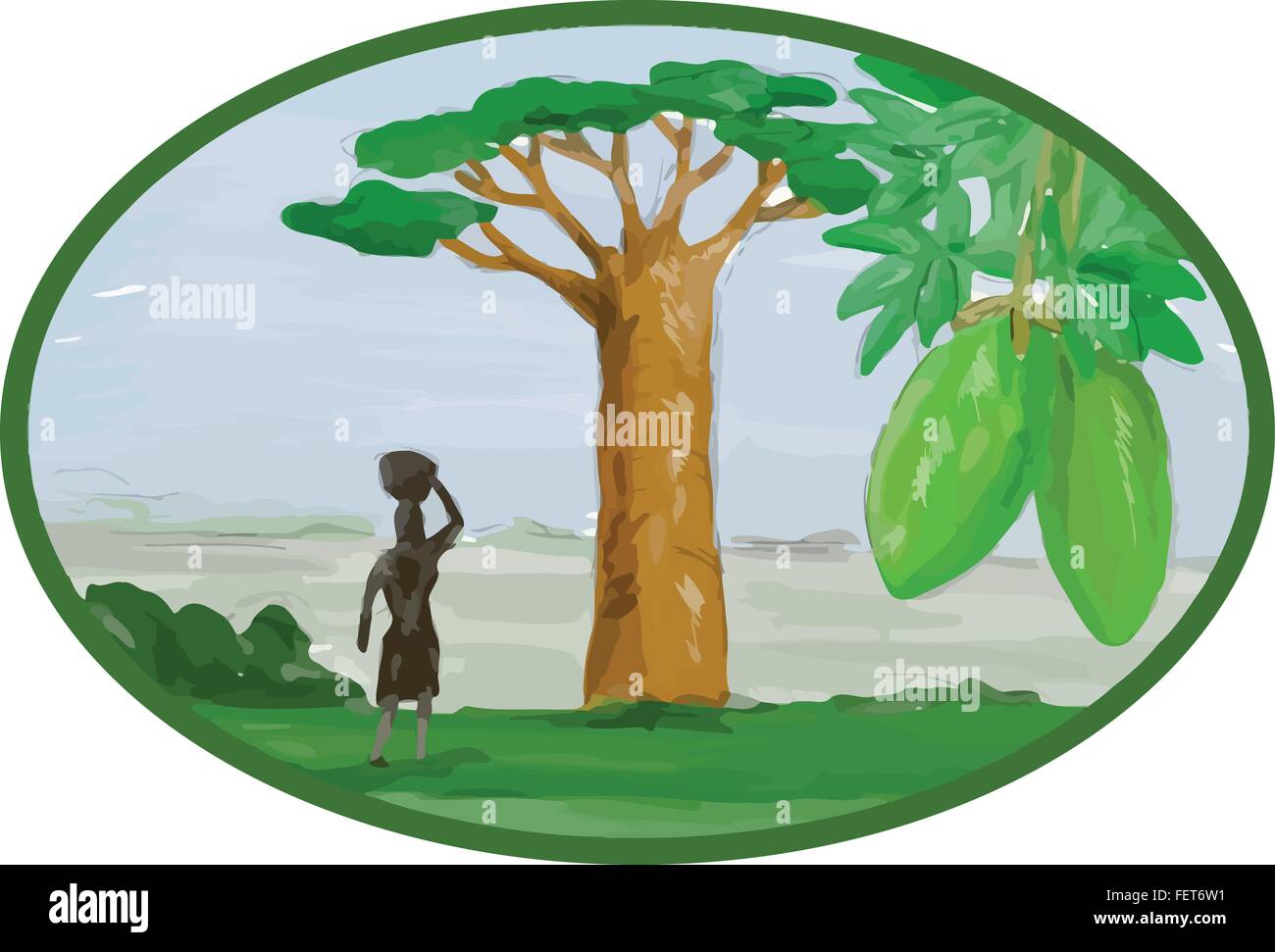 Aquarell-Stil Illustration der Baobab Baum und Frucht, die in tiefer gelegenen Gebieten in Afrika und Australien und Frau mit Korb auf Kopf im Inneren Oval wächst. Stock Vektor