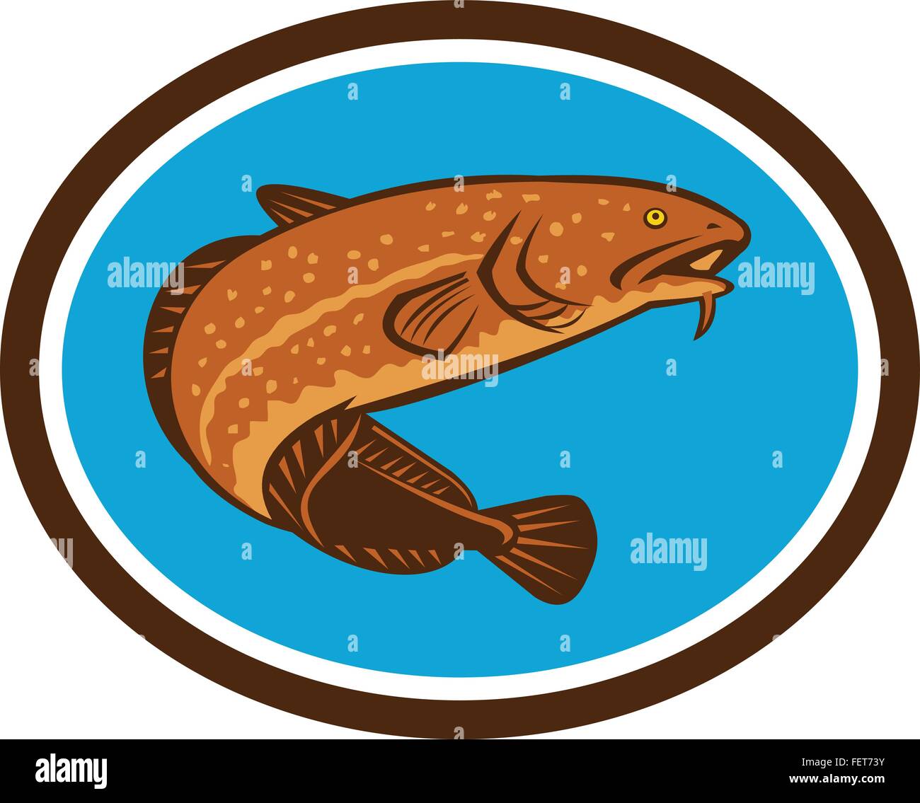 Illustration einer Quappe, Gadiform (Kabeljau-Like) Süßwasserfische, betrachtet aus einem niedrigen Winkel im inneren ovalen Form getan im retro-Stil. Stock Vektor