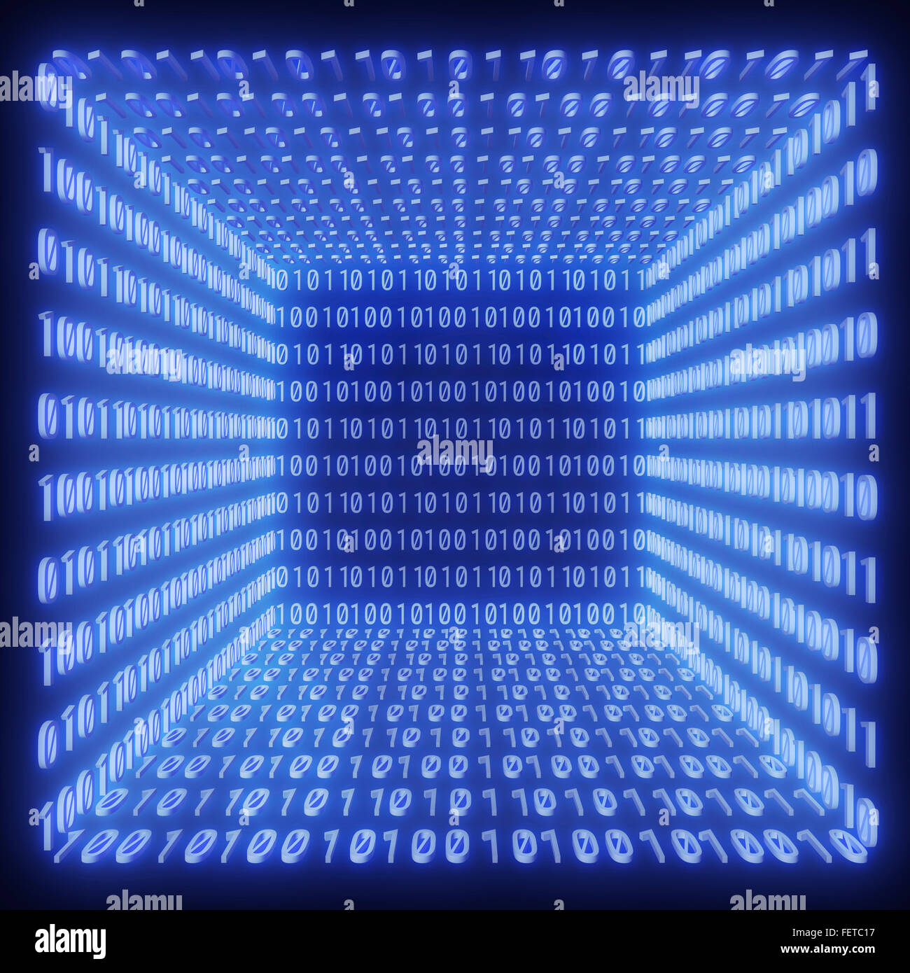 Blau leuchtende Zimmer, Wände mit digitalen Code. Stockfoto