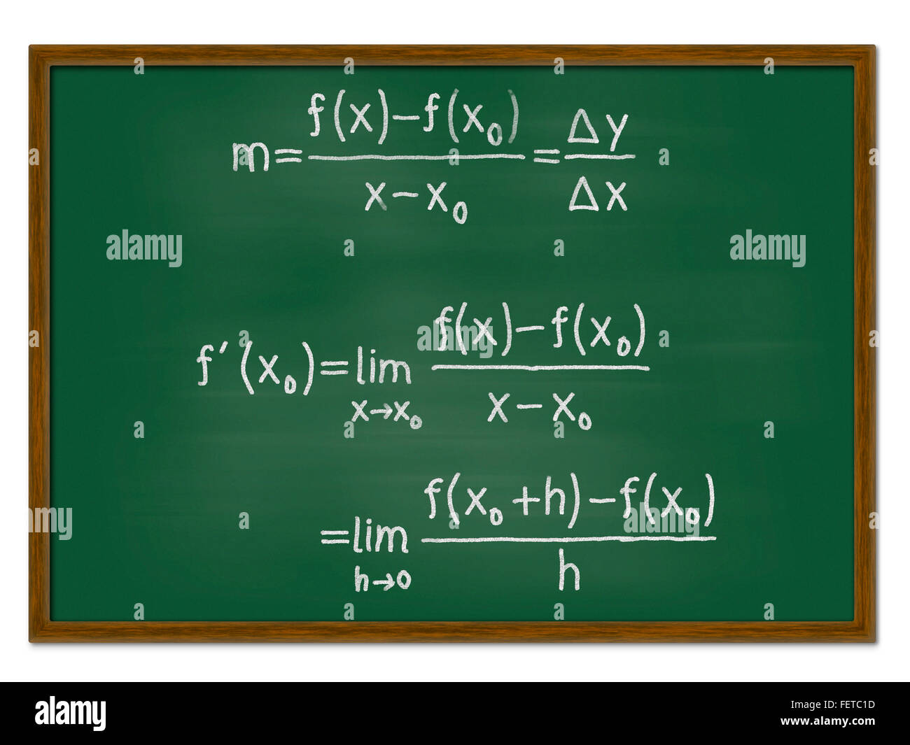 grünes Brett mit mathematischen Funktionen (Differentialquotienten, Differenzenquotienten) Stockfoto