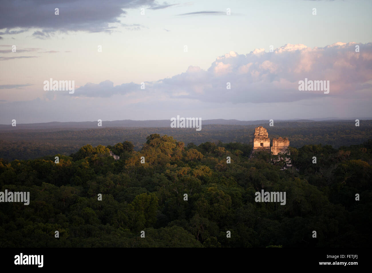 Sonnenuntergang in Tikal, Petén, Guatemala Stockfoto