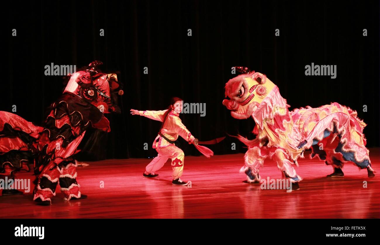 San Jose, Costa Rica. 8. Februar 2016. Künstler auftreten der traditionellen Löwentanz zur Feier der chinesischen Lunar New Year, in die Stadt San Jose, Hauptstadt von Costa Rica, am 8. Februar 2016. Bildnachweis: Kent Gilbert/Xinhua/Alamy Live-Nachrichten Stockfoto