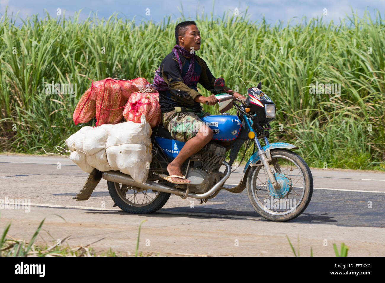 Philippine Motorradfahrer den Transport von Gütern in einer ländlichen Gegend von Negros Occidental, Philippinen. Stockfoto