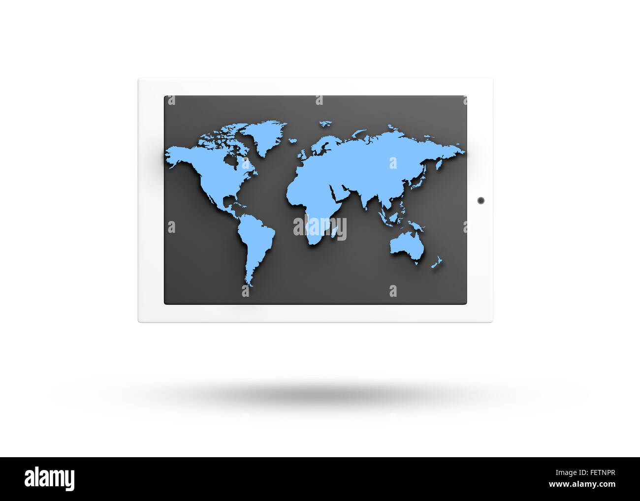 Die Tablette mit Weltkarte Stockfoto