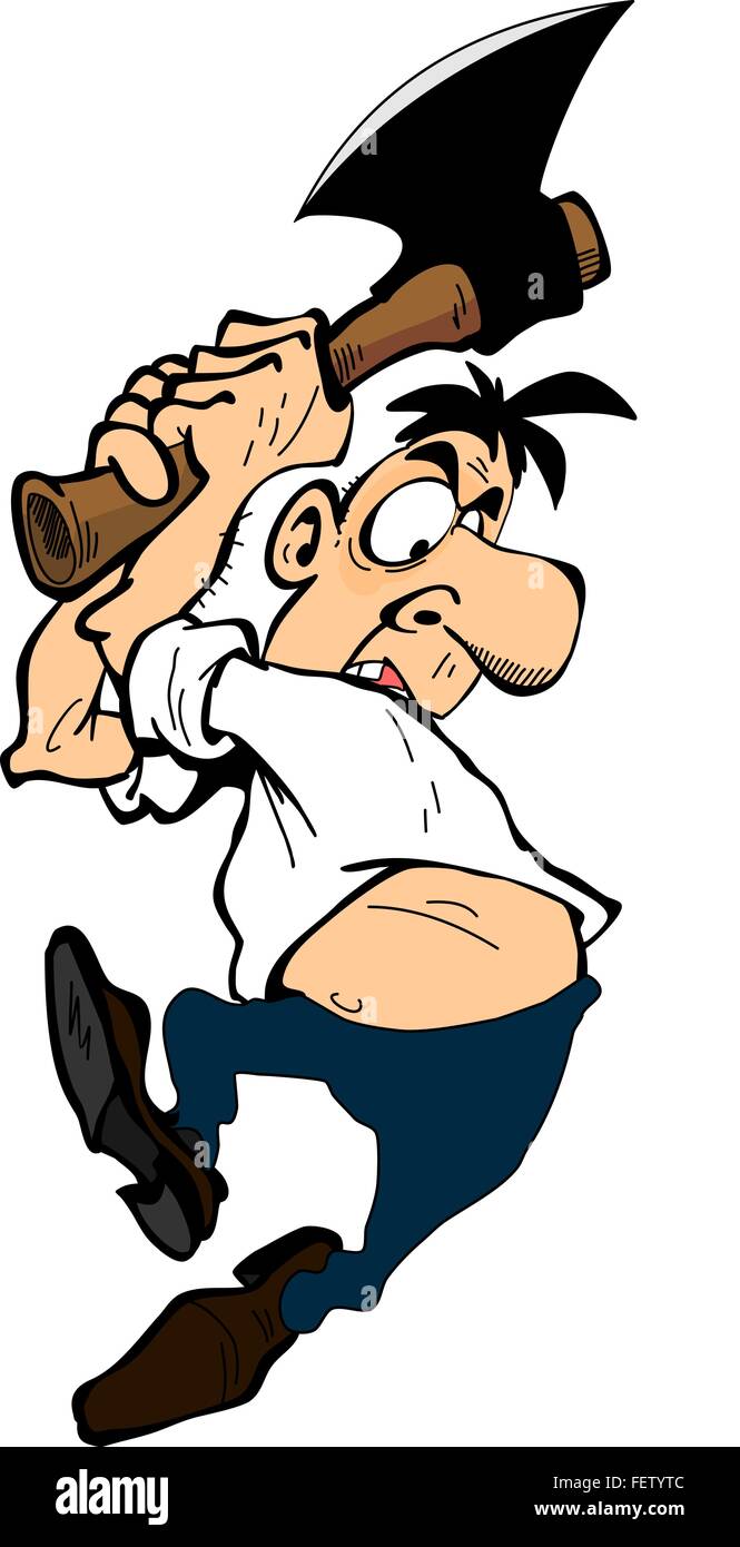 Angst Mann mit riesigen Axt hinter seinem Kopf über weiß Stock Vektor Angst Mann mit riesigen Axt hinter seinem Kopf über weiß Stock Vektor