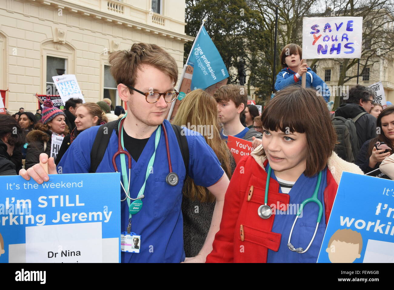 Ärzte protestieren, Waterloo Place, London UK 01.02.2016 Stockfoto