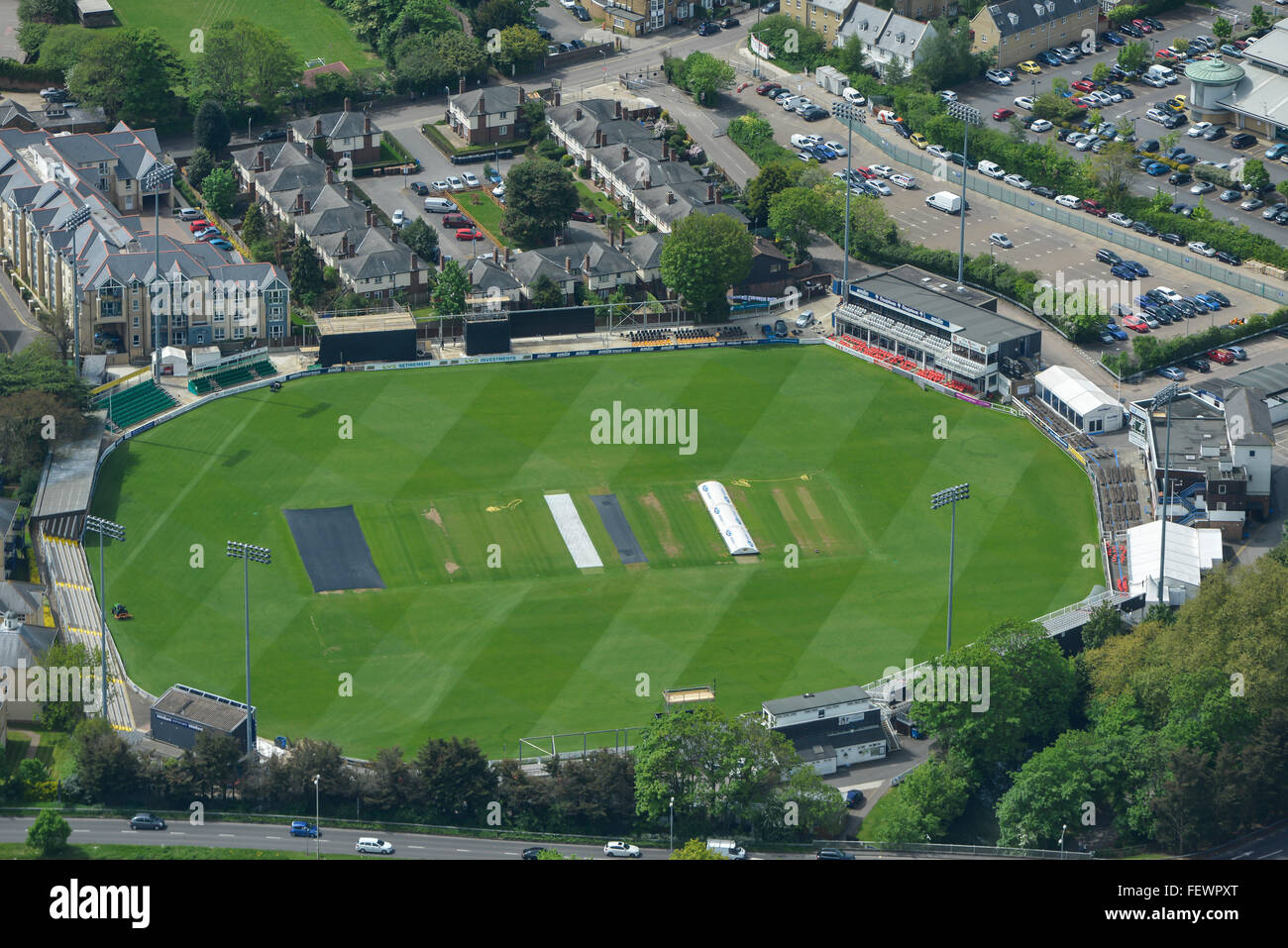 Eine Luftaufnahme des Essex County Cricket Ground in Chelmsford Stockfoto