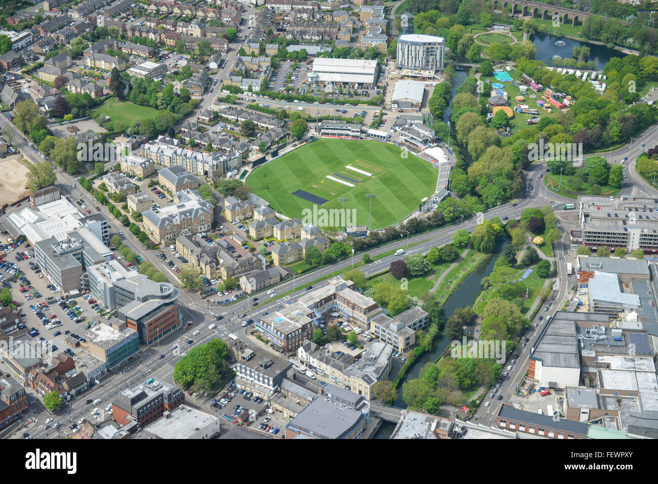 Eine Luftaufnahme des Essex County Cricket Ground in Chelmsford Stockfoto