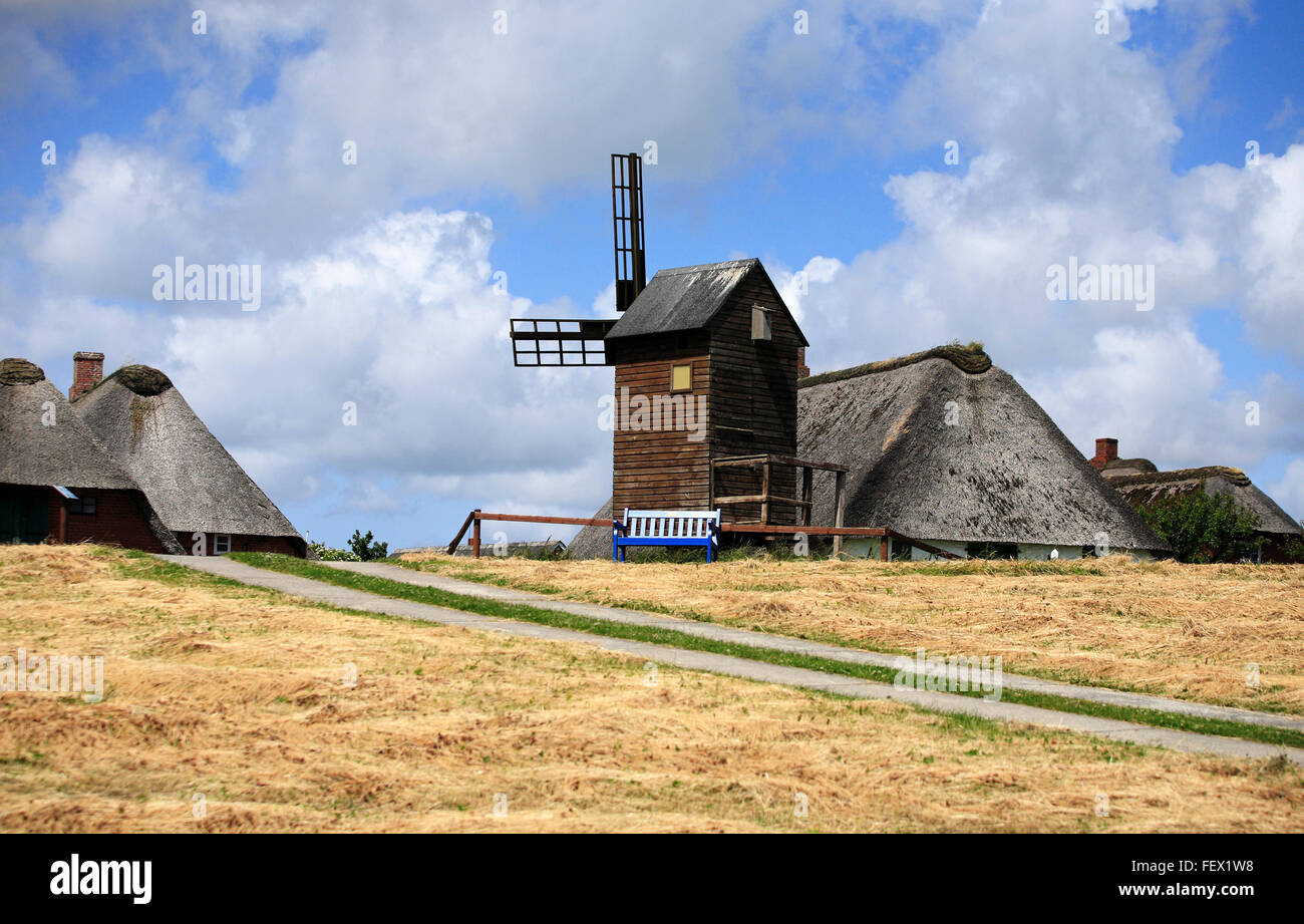 Alte hölzerne Mais Mühle von 1926, Halligen Langeness Insel, Deutschland Stockfoto