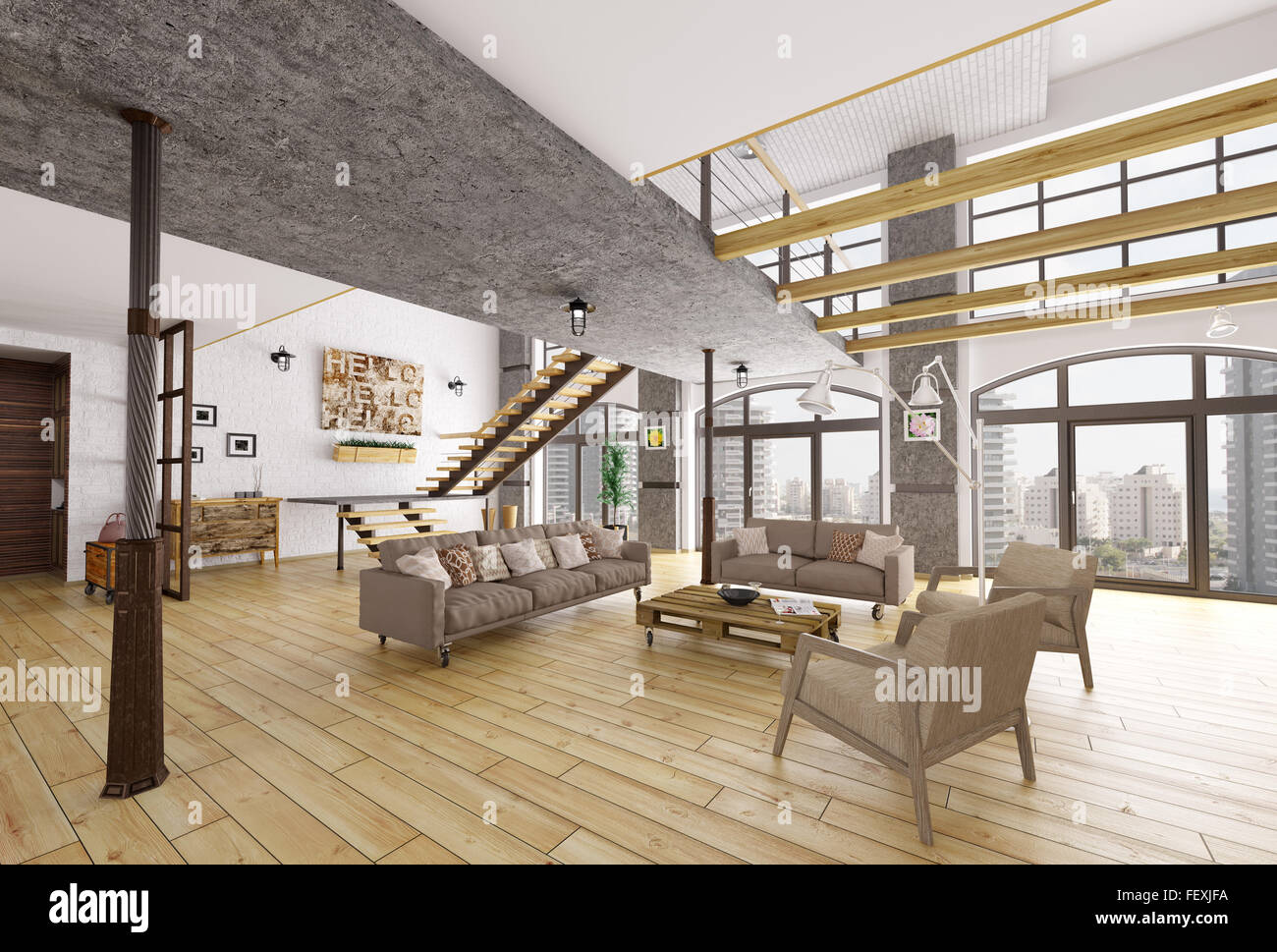 Loft Apartment Innenraum, Wohnzimmer, Treppe, 3D-Rendering Stockfoto