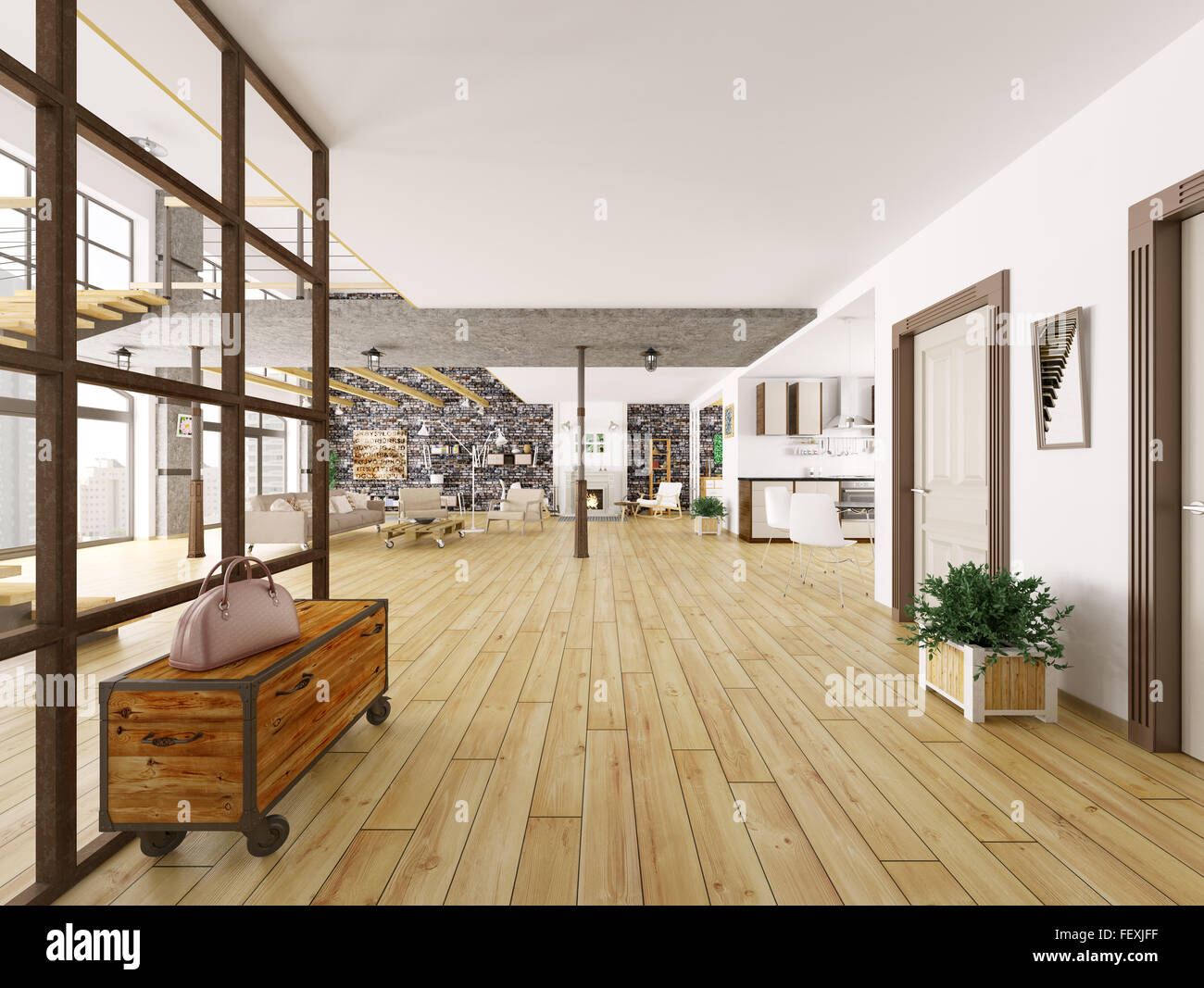 Loft Apartment Innenraum, Wohnzimmer, Küche, Halle 3D-Rendering Stockfoto