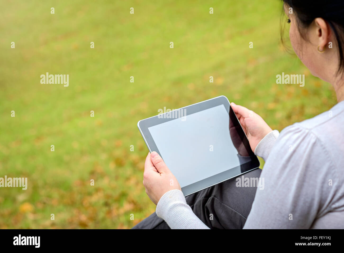 Frau arbeitet auf einem Tablet PC im Herbst park Stockfoto