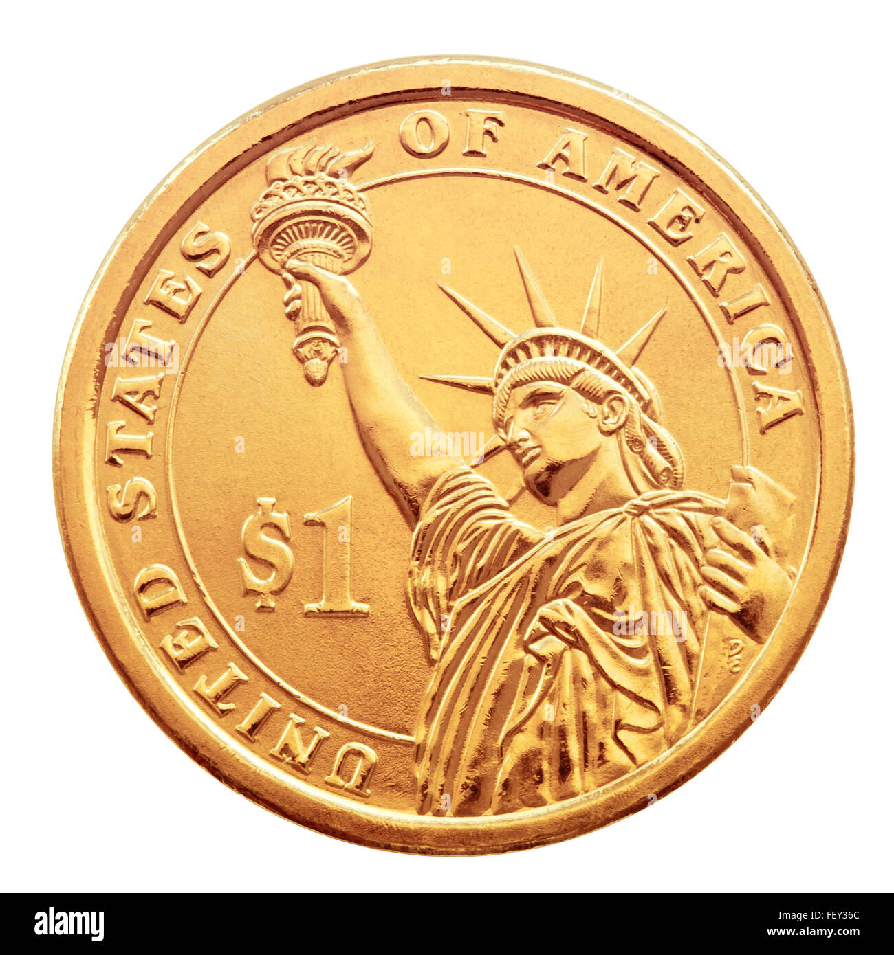 Ein Dollar Goldmünze, auf dem weißen Hintergrund isoliert. Stockfoto
