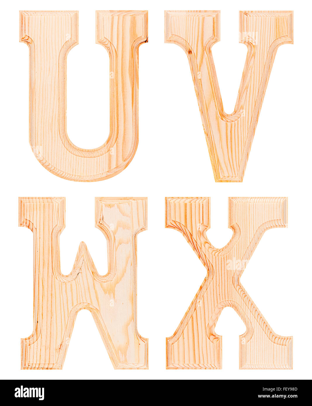 Satz von hölzernen Buchstaben U, V, W, X des Alphabets isoliert Stockfoto