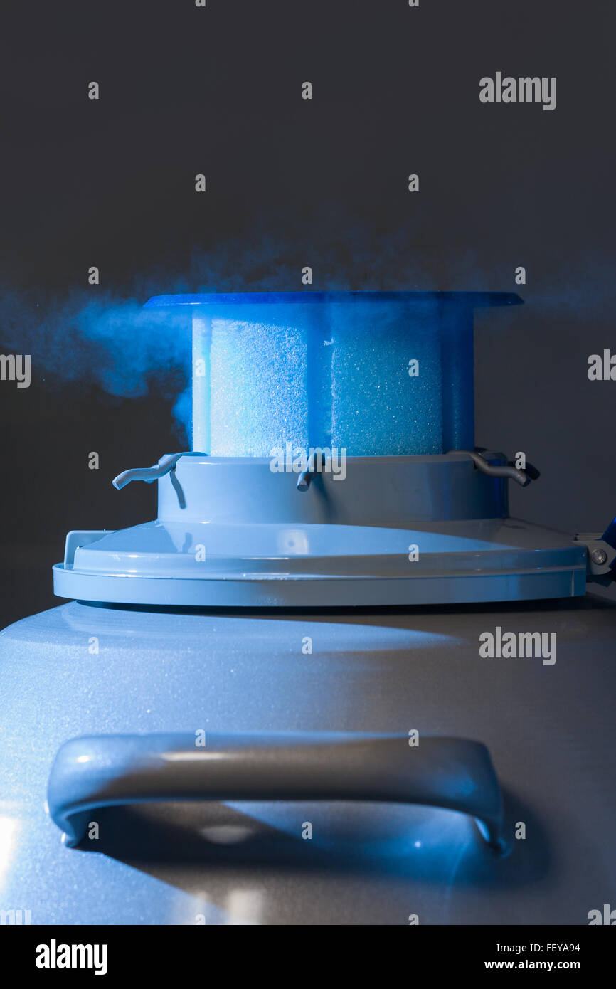 Dampf aus flüssigem Stickstoff Behälter, blaues Licht Stockfoto