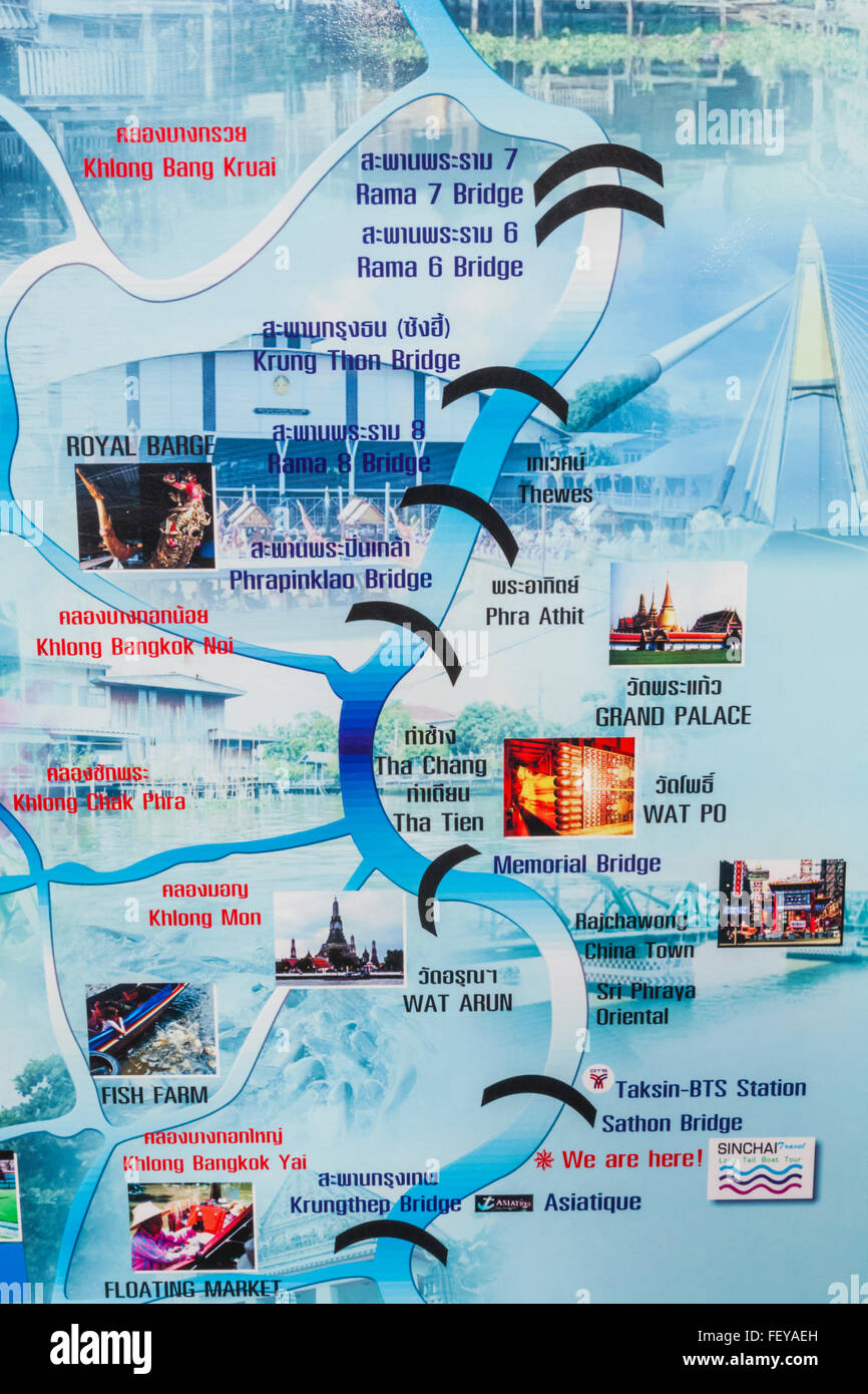 Thailand, Bangkok, Chao Phraya River Karte mit Sehenswürdigkeiten  Stockfotografie - Alamy