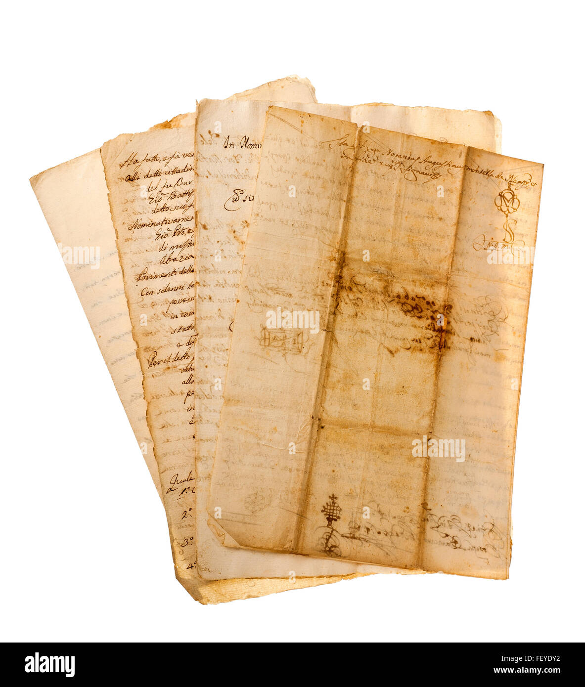 Vier Handschriften isoliert auf weiss Stockfoto