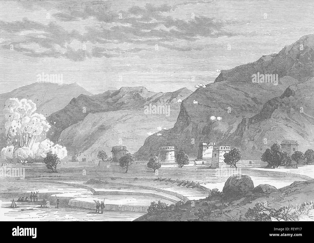 PAKISTAN Jowaki Expedition Sprengung eines Turms 1878. Illustrierte