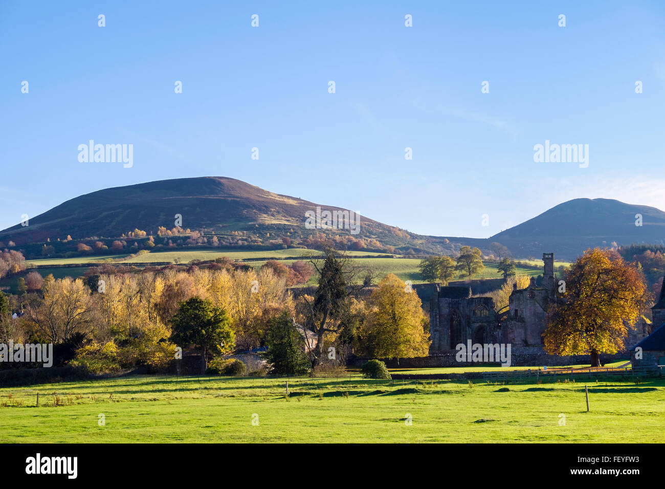 Eildon Hills über Melrose Abbey in Bäumen im Herbst. Melrose, Roxburgh, Scottish Borders, Schottland, Großbritannien, Großbritannien. Stockfoto