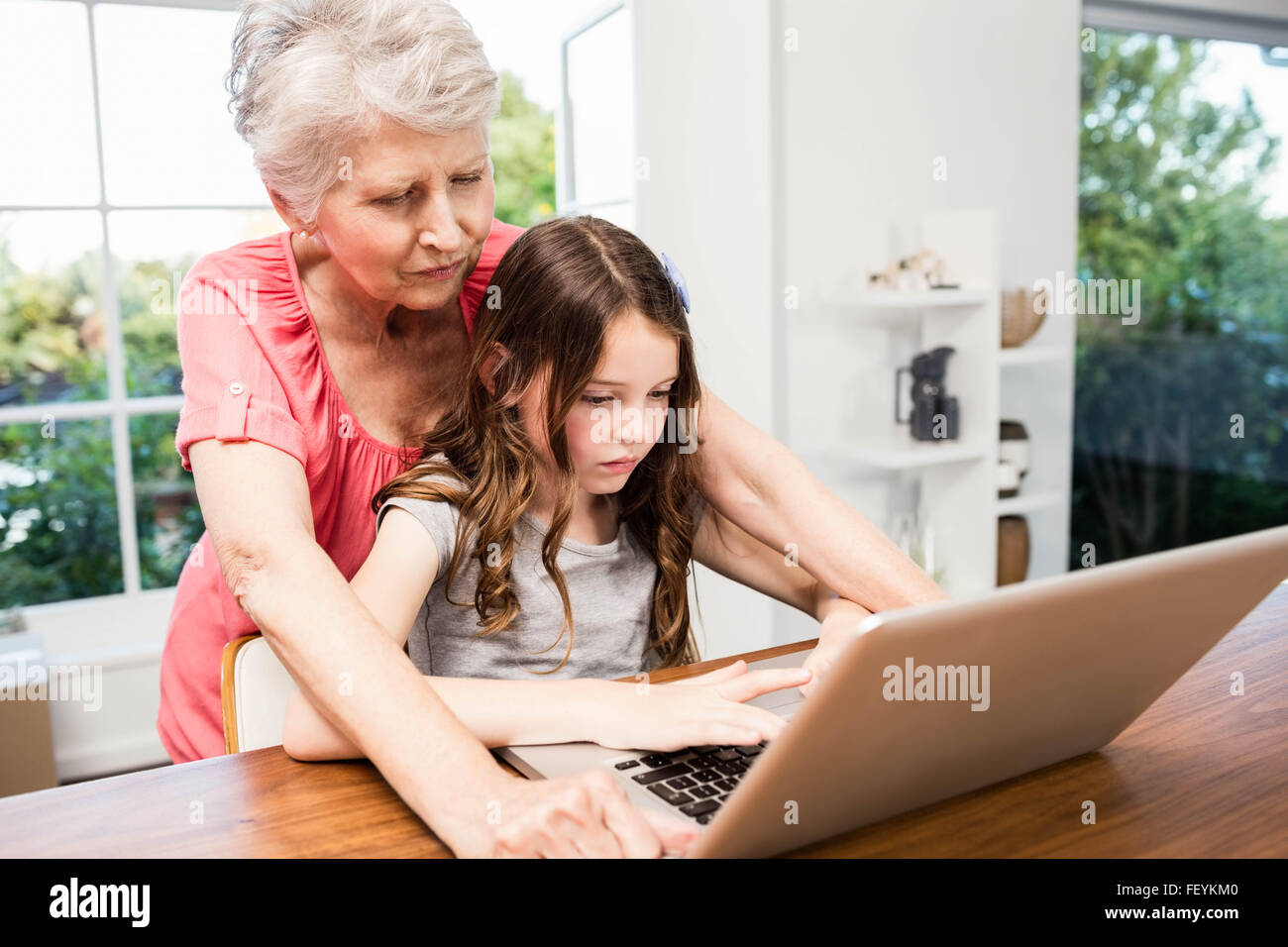 Porträt von lächelnden Großmutter und Enkelin mit laptop Stockfoto