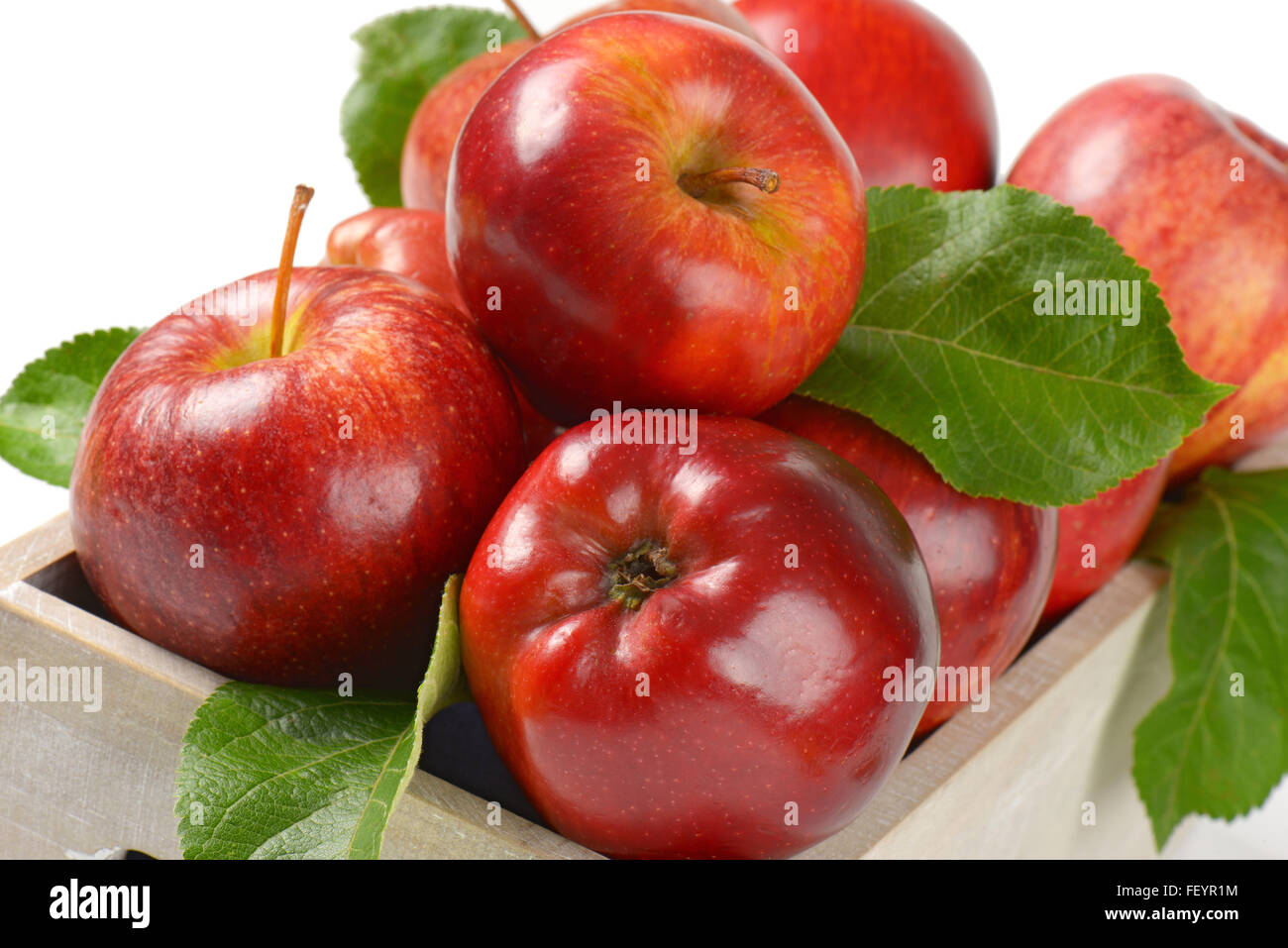 Detail der glänzende rote Äpfel mit Blättern in Holzkiste Stockfoto